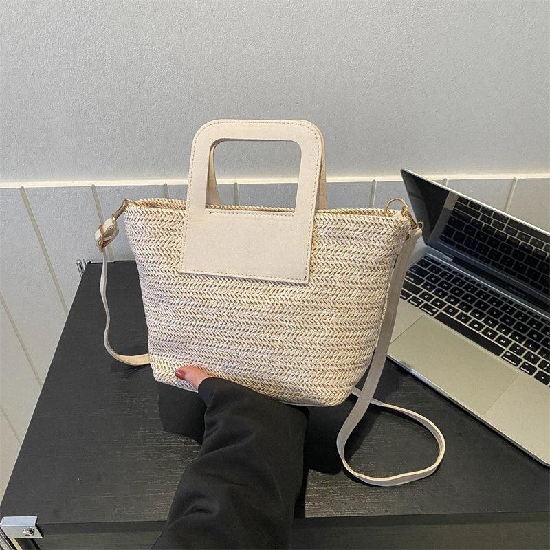 Women Woven Straw Beach Bag Lightweight Summer Tote with PU Leather Handles Detachable Strap for Vacation Poolside Shoulder Bag - Golden Bridge Store