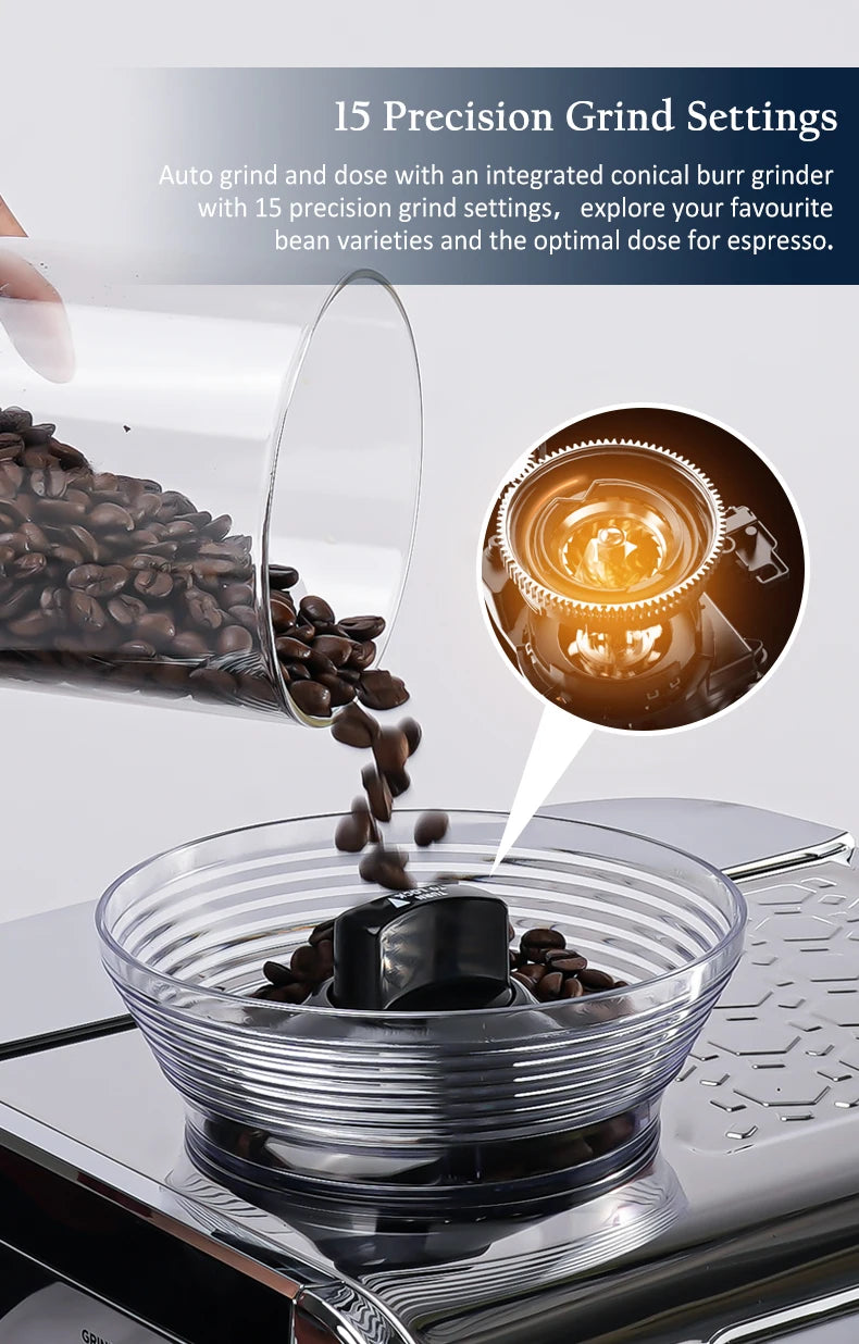 Mcilpoog TC530 Semi Automatic Coffee Machine with Grinder & Powerful Steamer,5.5-Inch Display,Coffee Maker for Home and Office.