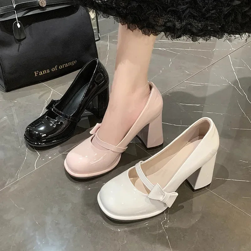 Elegant Heel Shoes Ladies 8cm High Heel Bowknot Solid Mary Jane Zapatos Adult Dress Pink White Black Cosplay Footwear
