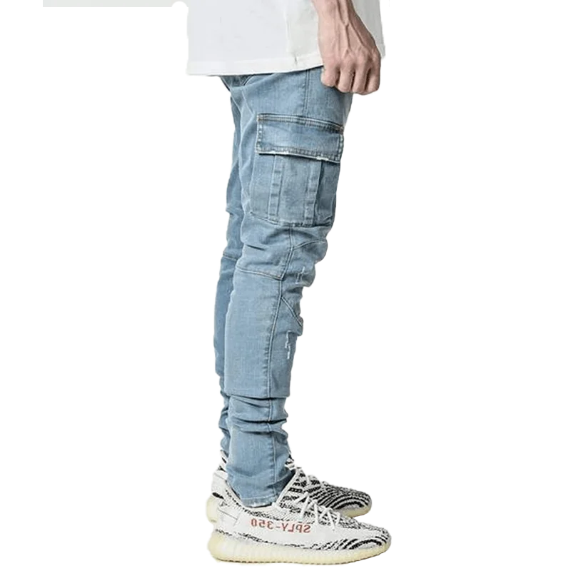 Jeans Men Black Cargo Pants Multi Pockets Denim Pantalones Blue Slim Fit Overol Hombre Fashion Casual Streetwear Trousers 3XL