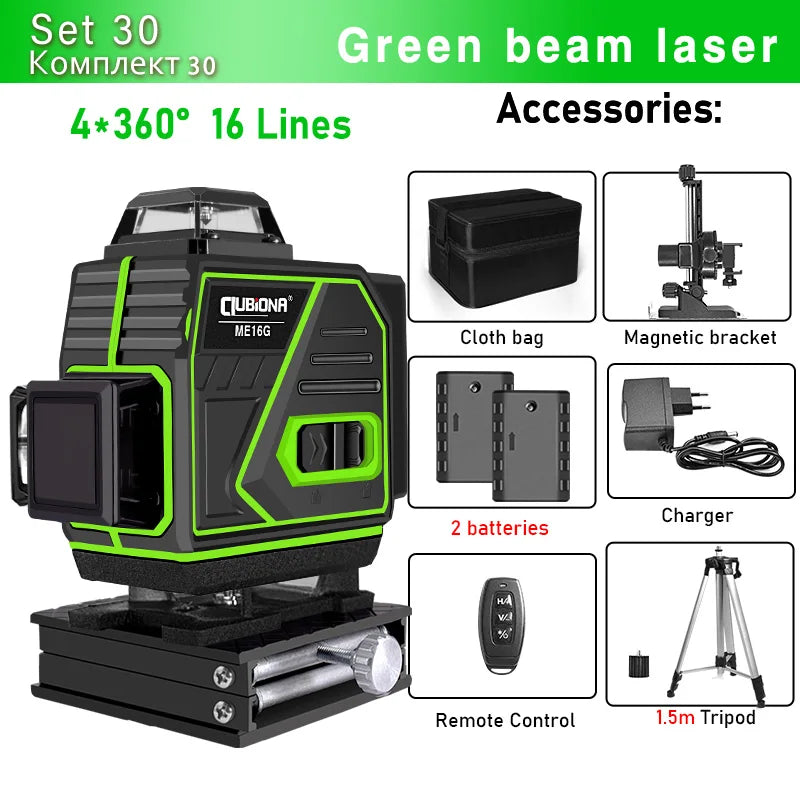 CLUBIONA 16/12 lines Self-leveling Remote Control Outdoor Mode - Receiver Auto 3x360 Green beam Line Laser Level