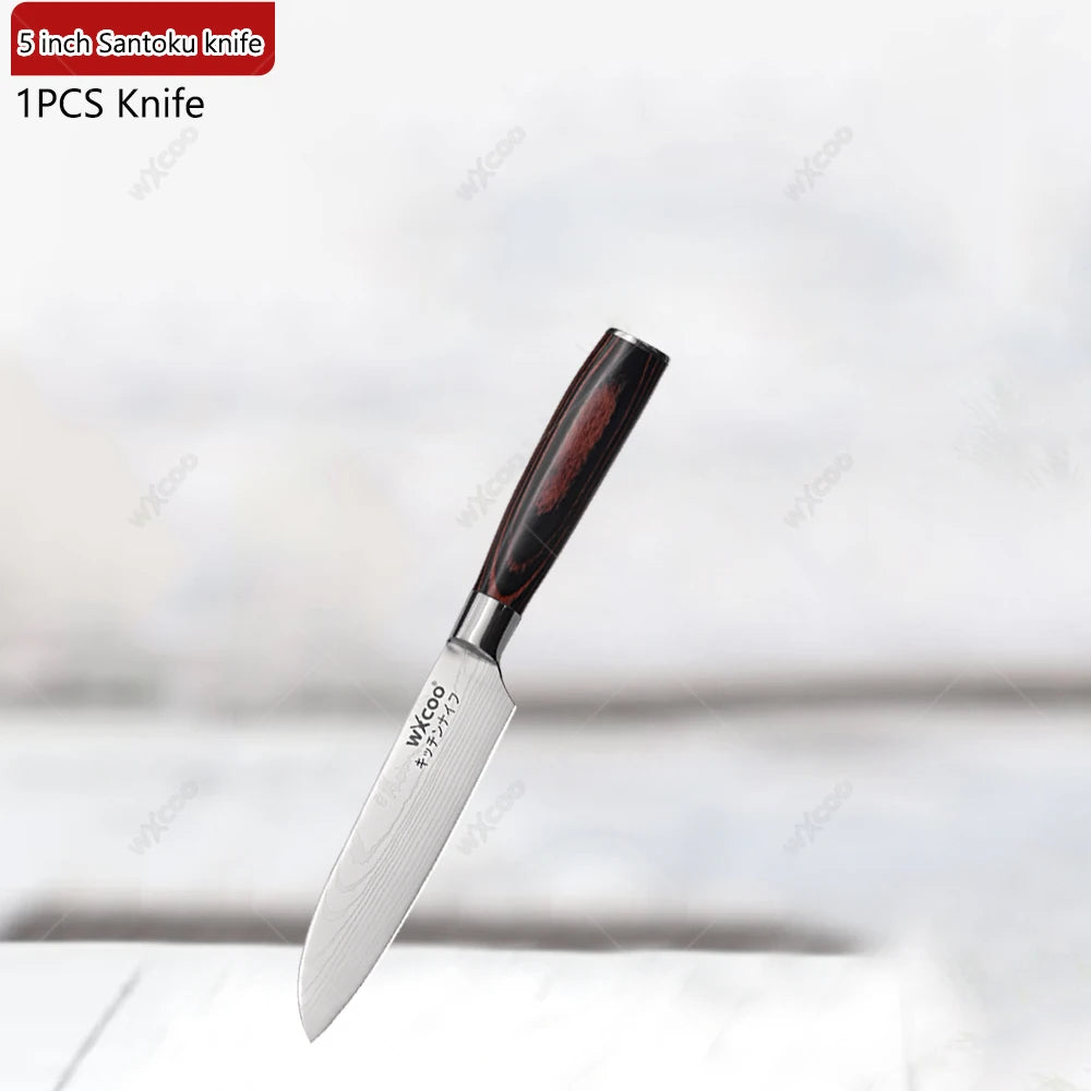 WXCOO Professional Kitchen Chef Knife Damascus Steel Laser Pattern Santoku Knife Double Side Magnetic Kitchen Knife Block