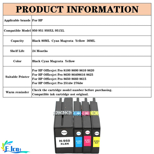 For HP 950XL 951XL Ink Cartridge For HP Officejet Pro 8100 8600 8610 8620 8630 8640 8616 8625 8650 8660 8615 251dw 276dw printer