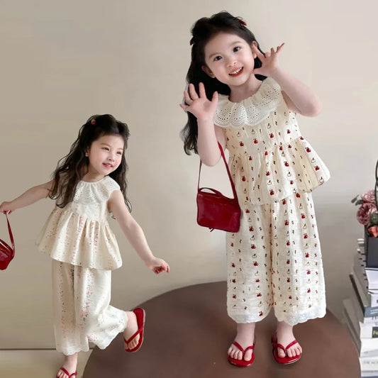 Mädchen-Blumen-Set 2025: Spitzenkragen & Palazzo-Hose - Garden Princess Collection