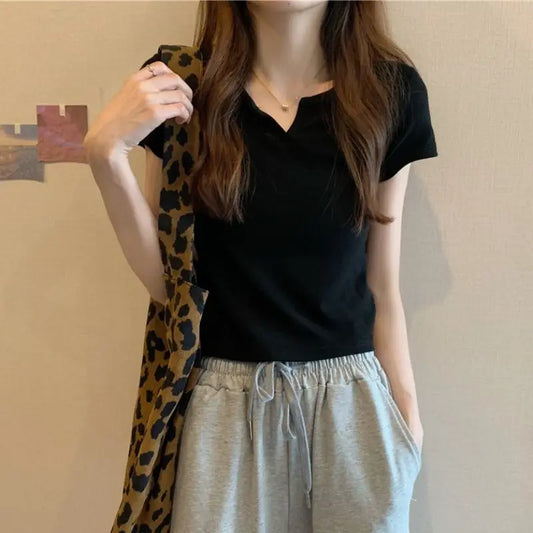 Damen Crop Top 2025 - Summer Short T-shirt V-neck Solid Color Slim High Waist