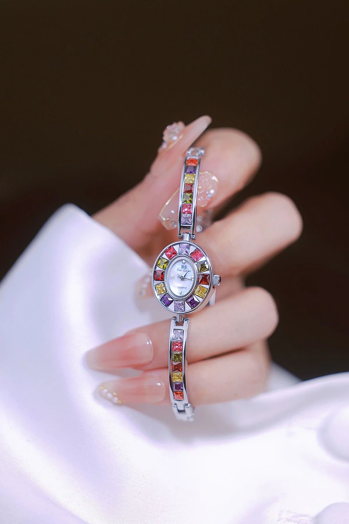 Womens Watch Luxury Fashion Quartz Wristwatches Colored Rhinestone Small Silver Bracelet Watches For Women Gifts