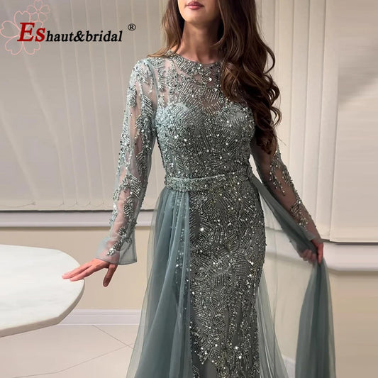 Rochie de seară elegantă pentru femei 2025 musulmană, mâneci lungi, sirenă, trenă detașabilă, mărgele, rochie de bal formală, nuntă, petrecere, personalizată