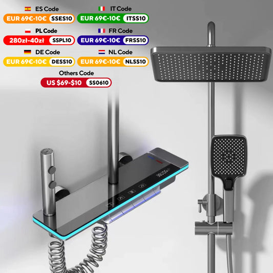 Bathroom Luxury Shower Faucet System with Lights Tempered Glass Shower Set Digital Display Copper Mixer Shower Faucet Set