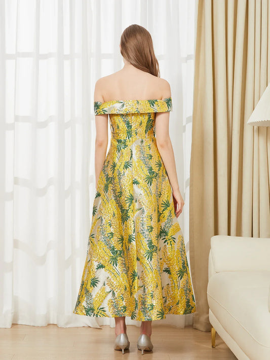 Belle Mode Abendkleid Off-Shoulder Jacquard - Maxi Lang - Golden Bridge Store