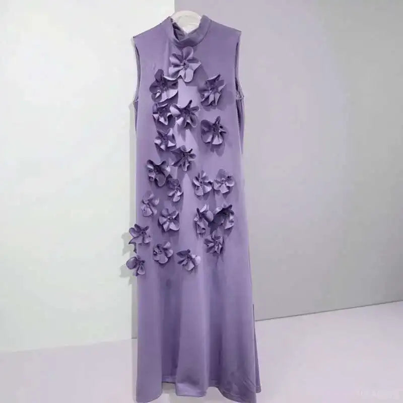 EWQ  Elegant Female Evening Dress 3D Floral Design Stand Collar Sleeveless Temperament Women Slim Dresses 2025 Spring Red Robe