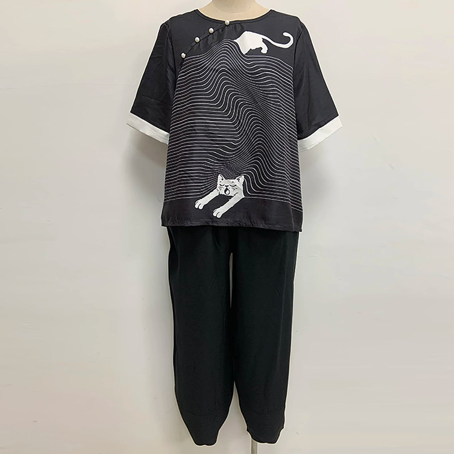 Elegant  Women Outfit Breathable Flower Pattern Blouse Trousers Half Sleeves Soft Blouse Pants Spring Clothes