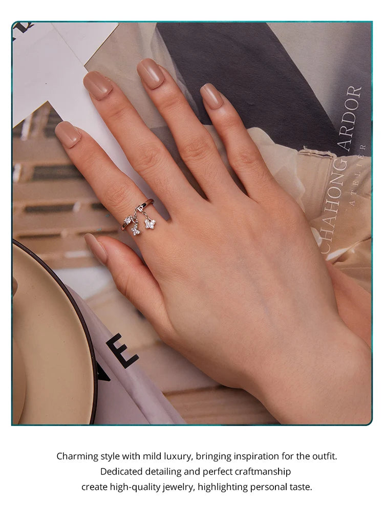 WOSTU 925 Sterling Silver Butterfly Link Open Rings pentru femei delicat strălucitor zircon reglabil inel Fine Party bijuterii cadou