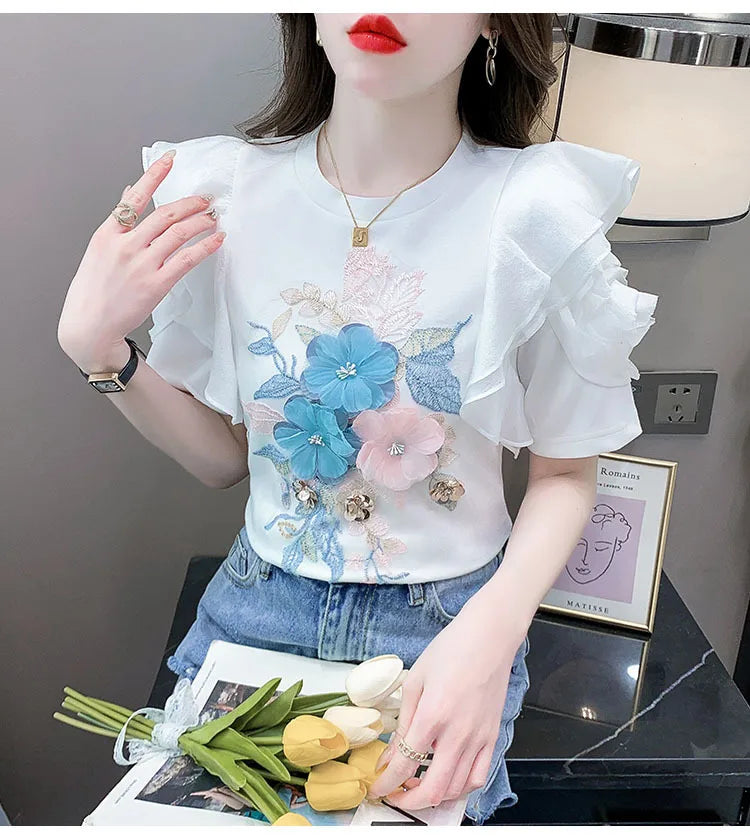 Ruffled White T-shirt Women's Short-Sleeved Floral Tshirt 2023 Summer New High-End Heavy Embroidery Flower Chic Top Tees