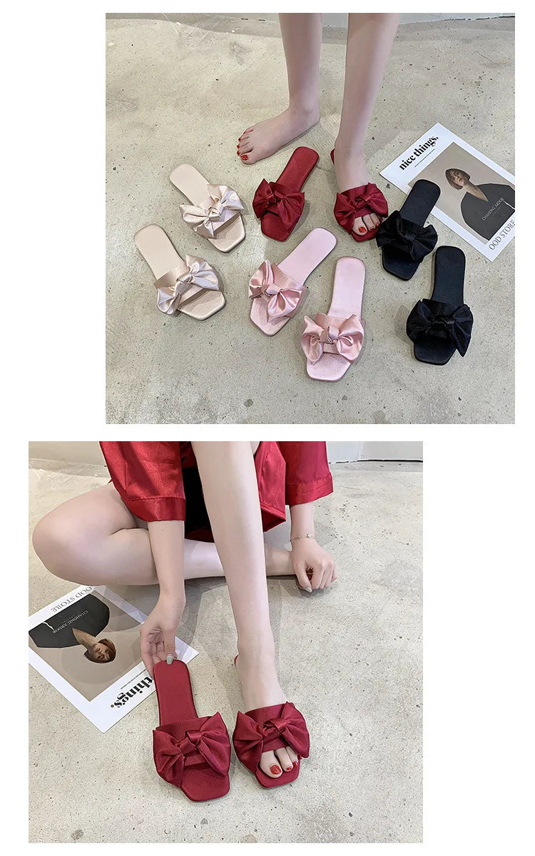 Women Beach Slippers 2024 Summer Flat Shoes Woman Slip On Slides Silk Style Female Slip On Sandals Girls Indoor Outdoor Slippers