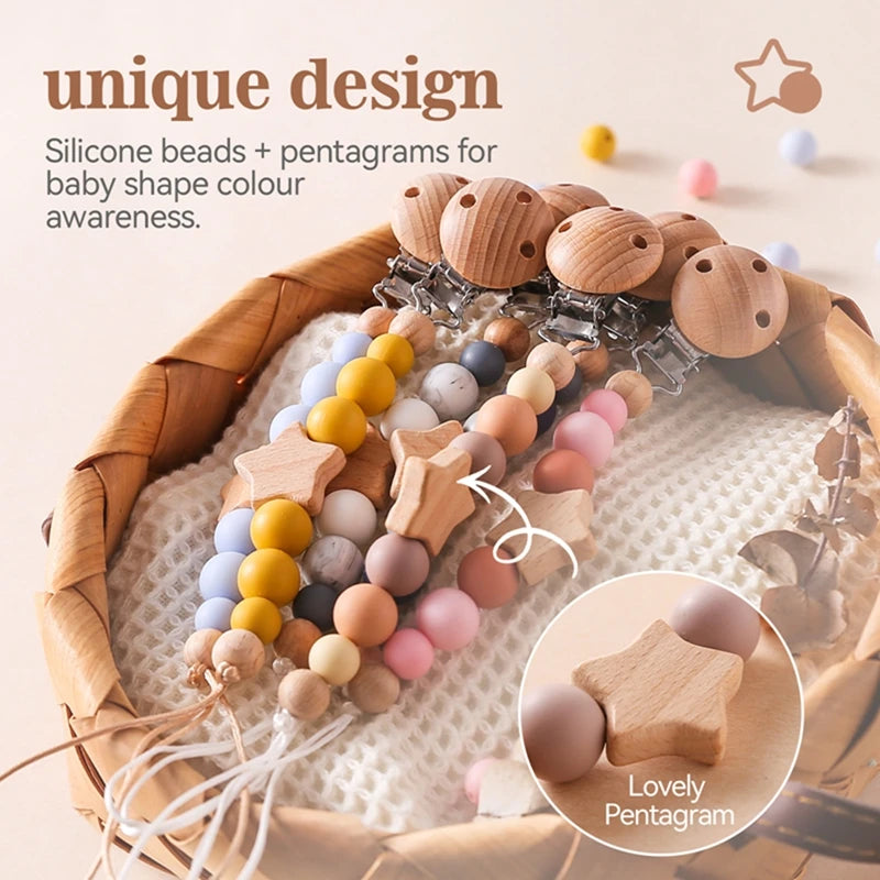 Lanț pentru suzeta bebelușilor, cu stele, personalizabile, cu mărgele, cleme din lemn pentru suzetă, fără BPA, lucrate manual, lanț pentru sugari, lanț pentru alăptarea sugarilor