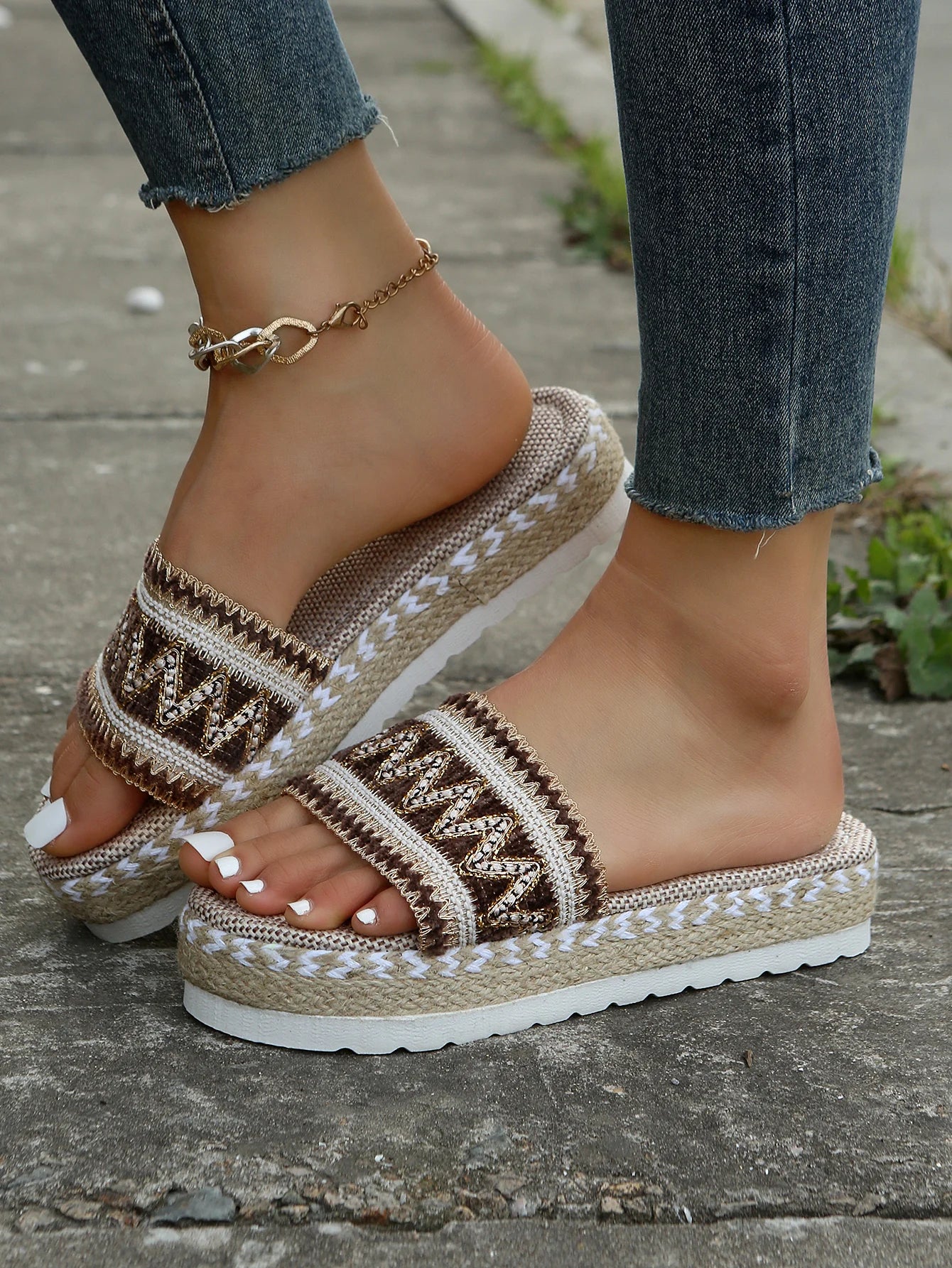 Gewebte Damen Pantoletten Platform - Sommer Schuhe für Damen 2025 Neu - Strand Casual Absatz Sandalen Bohemian Handgemacht Espadrilles