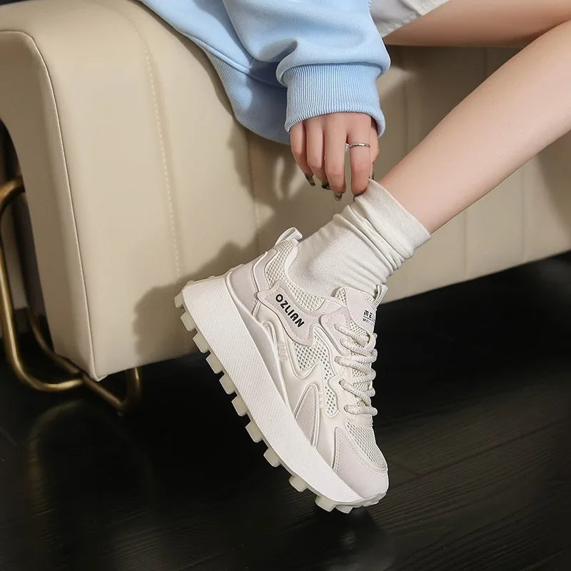Women‘s Trendy Color-blocked Brand Design Thick-soled Sneakers 2024 Spring and autumn New  Lace-up Mesh Breathable Tennis Shoes