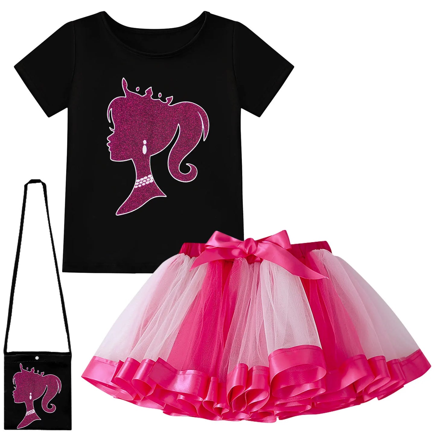 Toddler Girls Mesh Princess Skirt Set Movie Barbi T-shirt + Tutu Skirt 2Piece Suit for 4-10Yrs Girls Kid Clothing Birthday Party