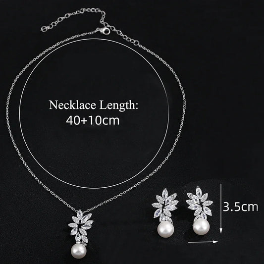 Luxus Silberfarbe AAA+ Cubic Zirkonia - Damen Große Perlen Halskette Anhänger und Ohrringe - Schmuck Sets Geschenk