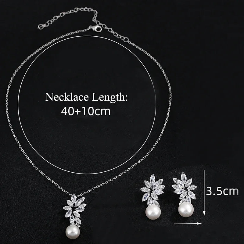 Luxus Silberfarbe AAA+ Cubic Zirkonia - Damen Große Perlen Halskette Anhänger und Ohrringe - Schmuck Sets Geschenk