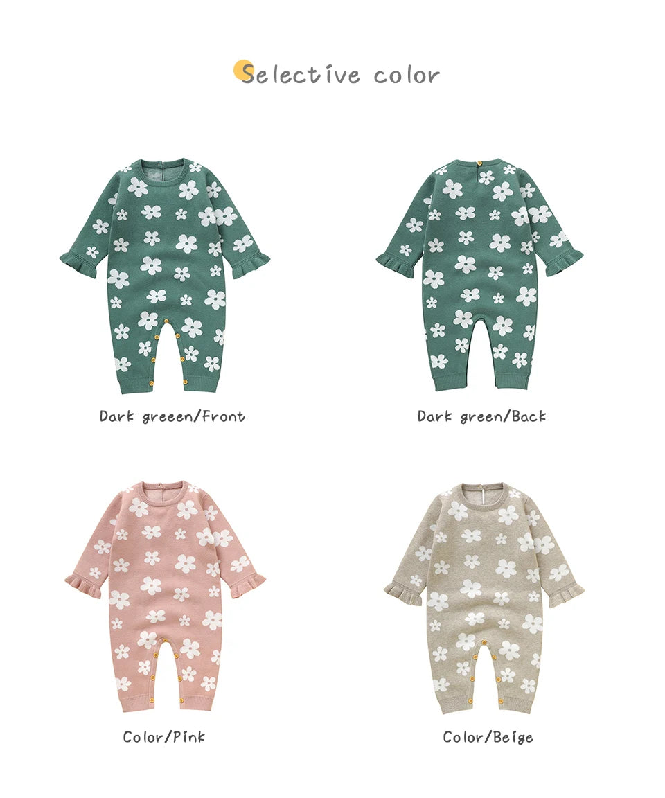 Cute Floral Print Infant Jumpsuit Long Sleeve Baby Girls Spring & Autumn Rompers Knitted 1-18 Months Newborn Bodysuit Sleepsuit