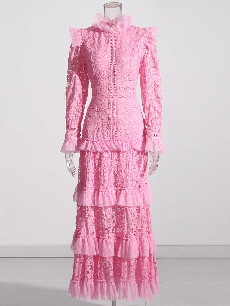 TWOTWINSTYLE Elegant Dresses For Women Stand Collar Long Sleeve High Waist Embroidery Slim Dress Female Fashion Clothing 2023