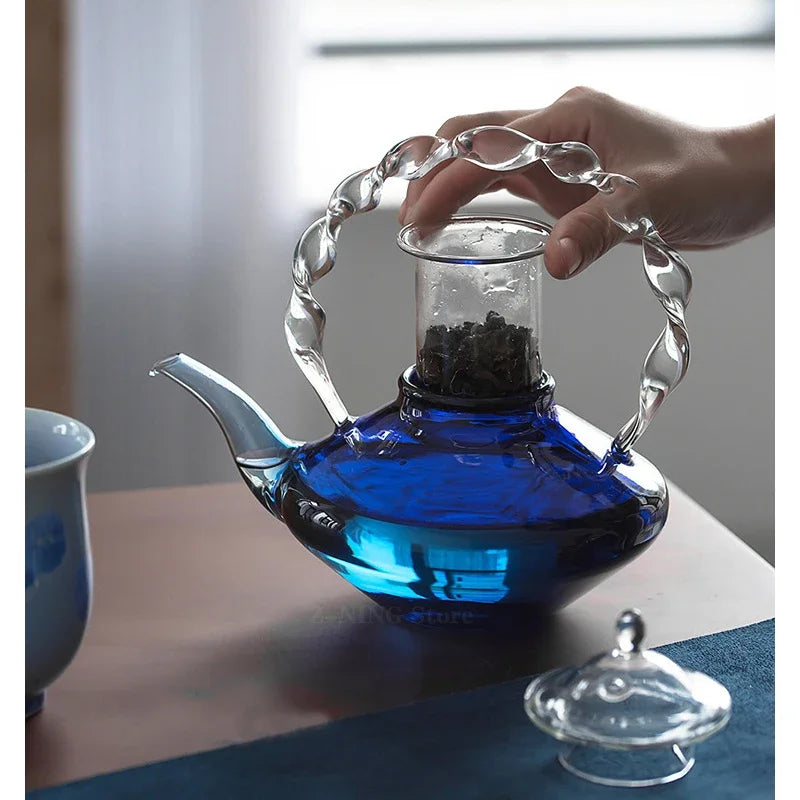 Blue Glass Teapot Teacup Tea Filter Mesh Glass Coffee Pot Heat-resistant Glass Pot Household Kitchen Kettle Exquisite Gift 2022