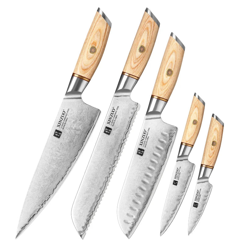 XINZUO 1-5pcs Knife Set Pakkawood Handle Nails 3-layer Clad Steel 60±2 HRC 15°±1 Per Side Kitchen Accessory Tools Best Gift