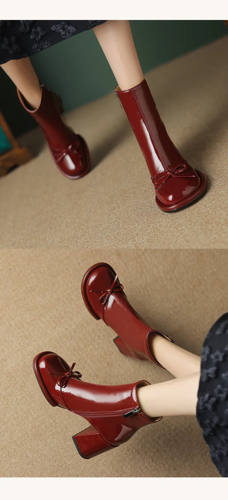 Elegant High Heels Women Ankle Boots Bow Sweet Shoes Winter New 2025 Trend Chunky Pu Leather Party Dress Snow Boots Pumps Mujer