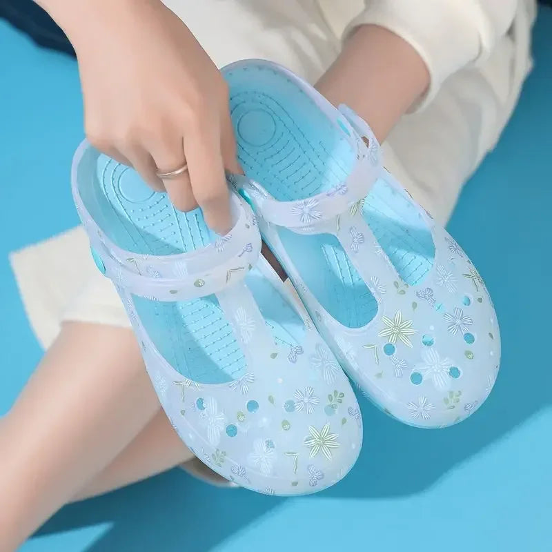 Women's Pink Floral & Butterfly Print Transparent T - Strap Jelly Sandals - Comfortable & Stylish Summer Printed Hole Shoes