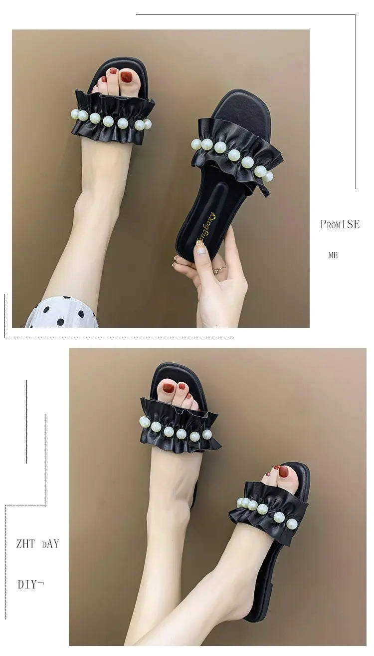 Women Slides Faux Pearl Decor Ruffle Trim Sandals Open Toe Wear-resistant Flat Slippers Summer Sandy Beach Sandals Women Shoes