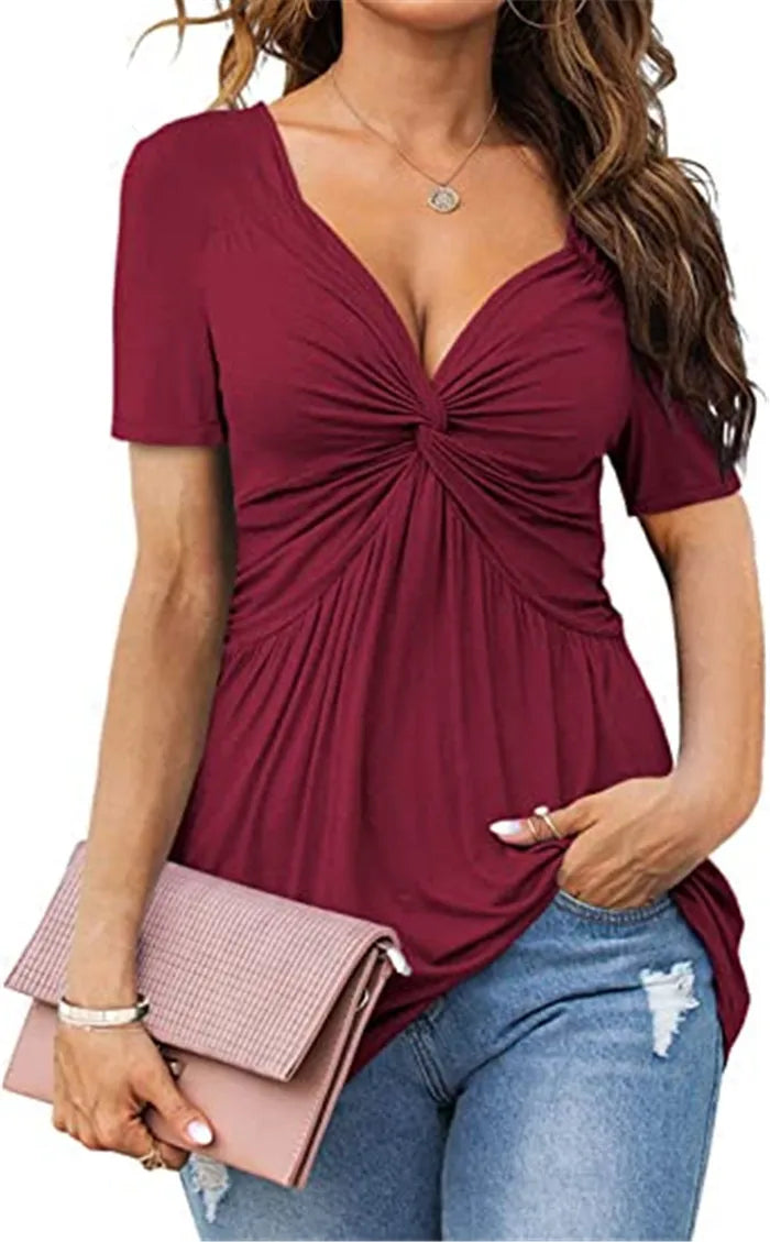 Women Tshirt Twisted V-Neck Short Sleeve Solid Color Sexy Office Lady Casual Slim 2025 Summer Fashion Tee Tops Femme Clothing