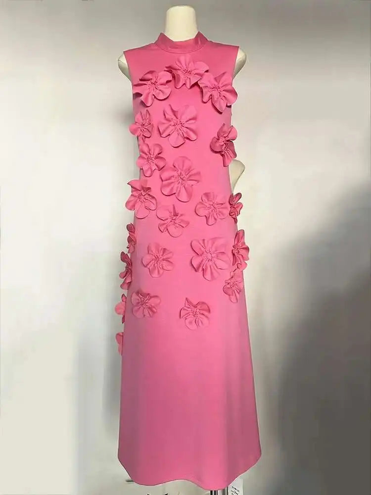 EWQ Elegant Female Evening Dress 3D Floral Design Stand Collar Sleeveless Temperament Women Slim Dresses 2025 Spring Red Robe