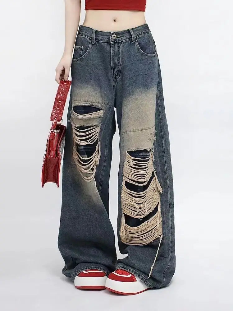 Jeans Women Hot Girls High Waist Chic Straight Trousers Simple Ripped American Street Loose Fall Fashion Leisure Newly All-match
