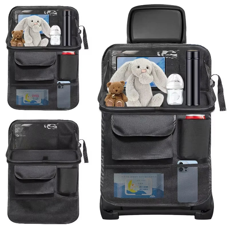 Car Seat Back Storage Bag Large Capacity Multi-Pocket Backseat Organizer Foldable Dining Table Tablet Tray Hanging Bag