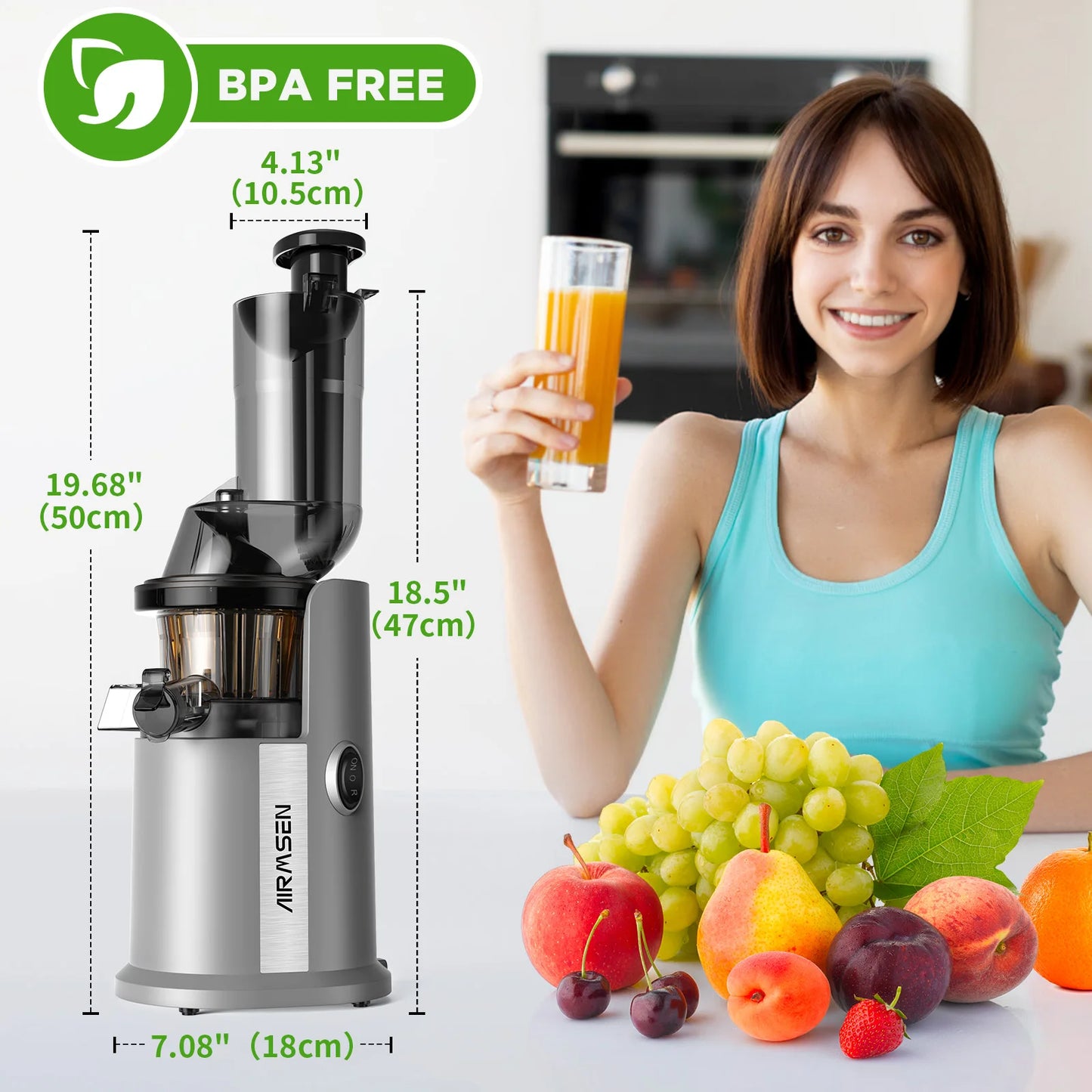 AIRMSEN Slow Cold Press Juicer, large diameter, filterless design, easy to clean, suitable for vegetables and fruits.