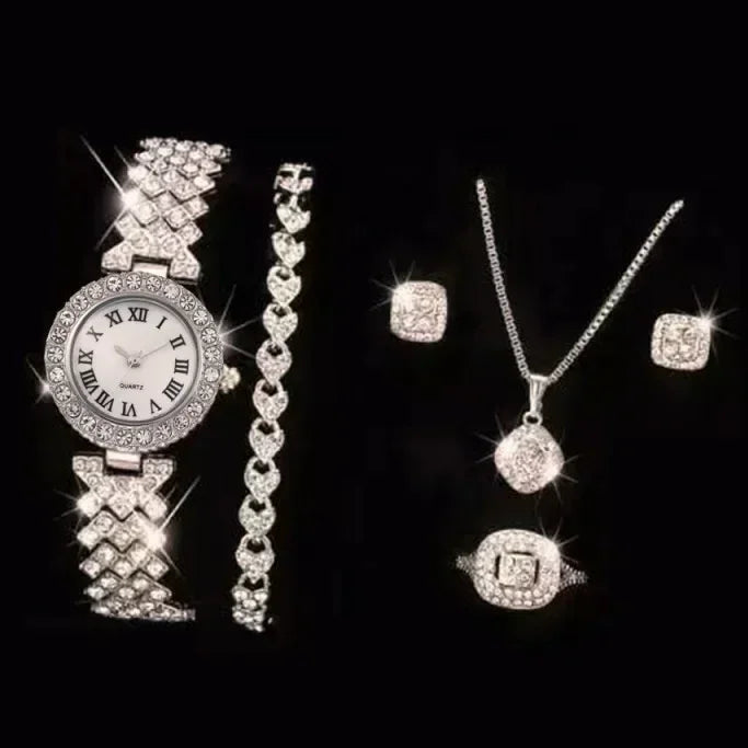 Mode Luxus Vollkristall 5-teiliges Set - Uhr Halskette Ohrringe Ring Set für Damen - Strass Armbanduhr Damen Armband Set Geschenk