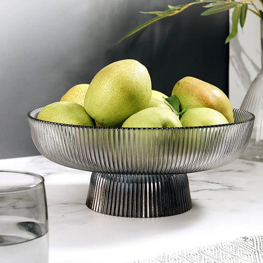 Glass Fruit Bowl with Feet Tall Striped Storage Tray Home Living Room Decoration Creative Dried Fruit Tray Snack Tray