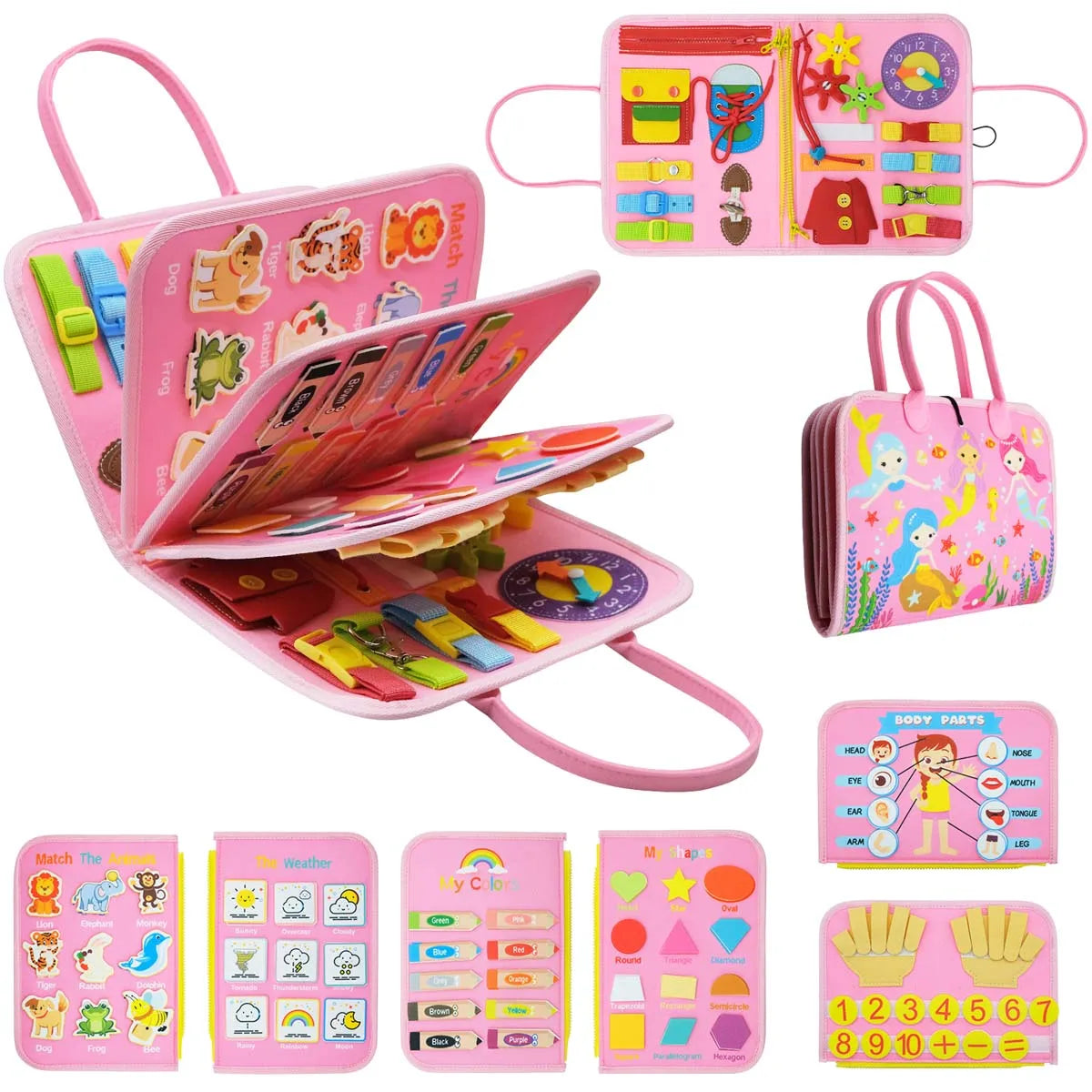 Toddlers Travel Busy Board for Boys Girls Montessori Toys for 2+ Year Old Preschool Learning Life Skill, Alphabet, Number, Shape