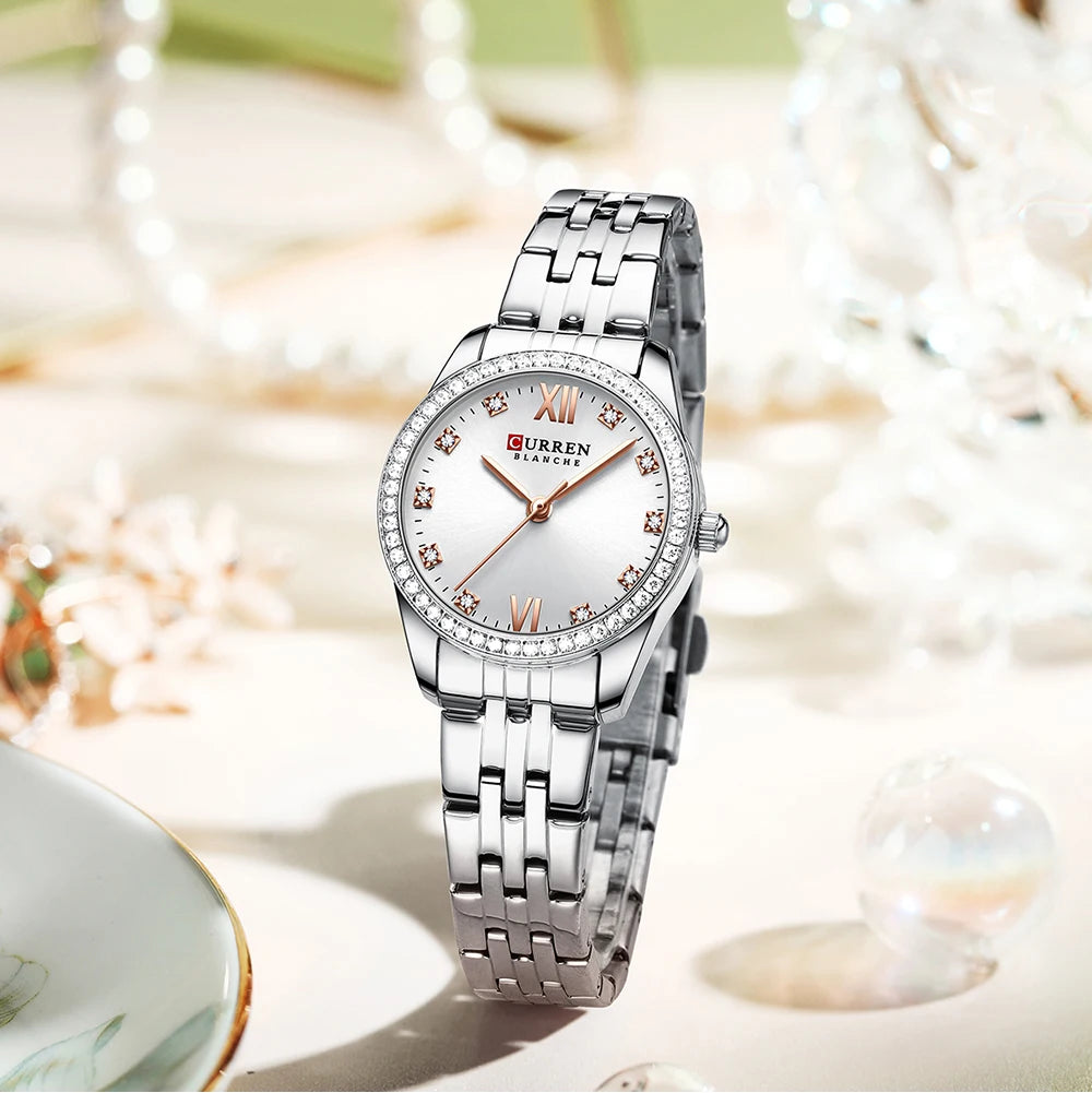 CURREN Luxus Uhr Damen Ring Halskette Ohrringe - Strass Mode Armbanduhr Weiblich Casual Damen Uhren Armband 5-teiliges Set