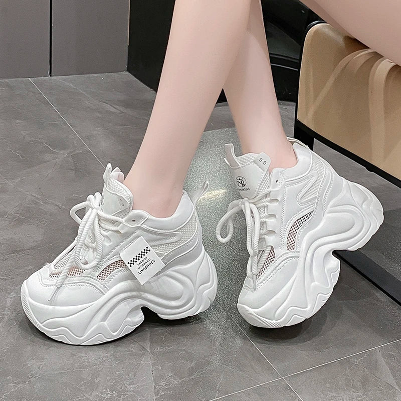 Women High Platform Sneakers New Summer 9.5CM Wedge Heels Thick Sole Leather Shoes Autumn Breathable Mesh Chunky Sneakers Woman