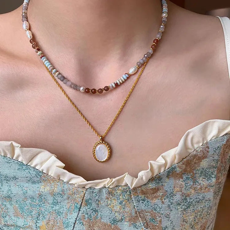 Colier cu pandantiv din perle, țesut manual, cu piatră naturală, lanț cu mărgele, accesorii luxoase pentru gâtul femeilor, bijuterii de modă