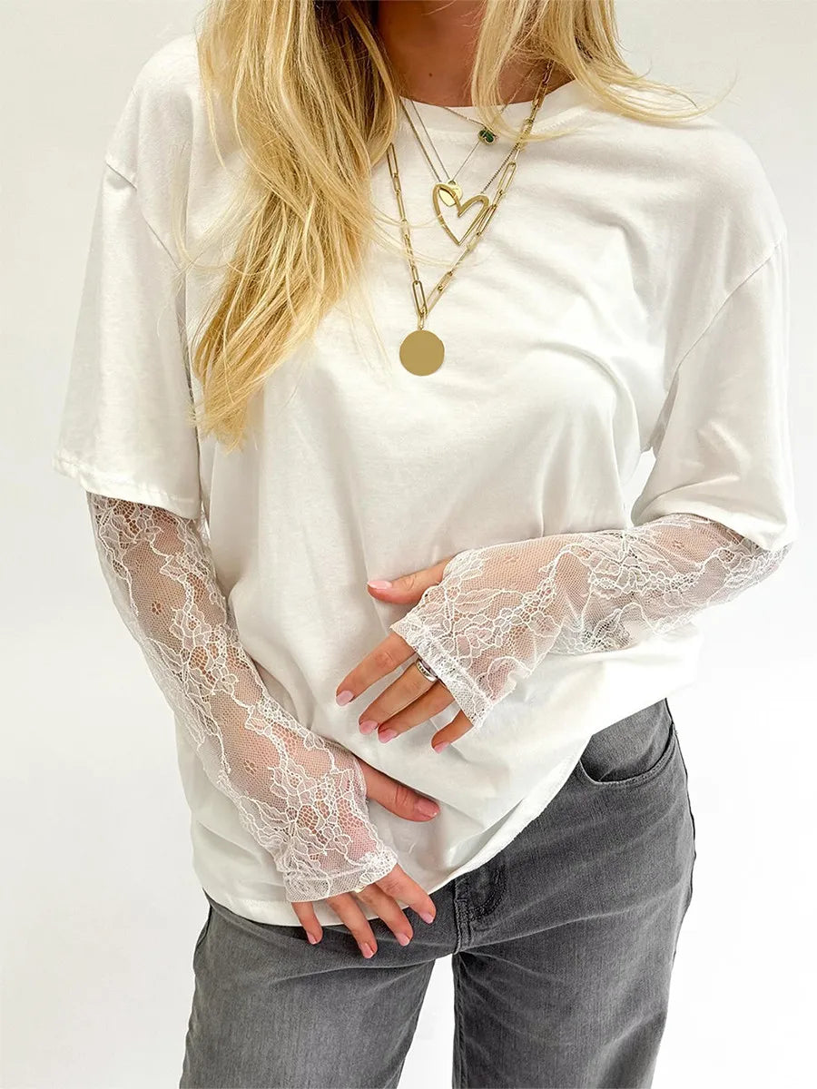 T-Shirt 2025: hirigin Women Round Neck T-Shirt Lace Long Sleeve Casual Shirts - Spring Fall Loose Fit Tops Ladies Solid Color Tee for Streetwear Y2K 00s Collection