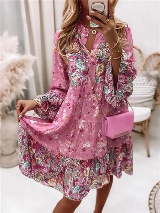 Casual Floral Print Dresses For Women 2024 Sping Summer Boho V Neck Loose A Line Dress Elegant Beach Party Dress Robe Femme - Golden Bridge Store