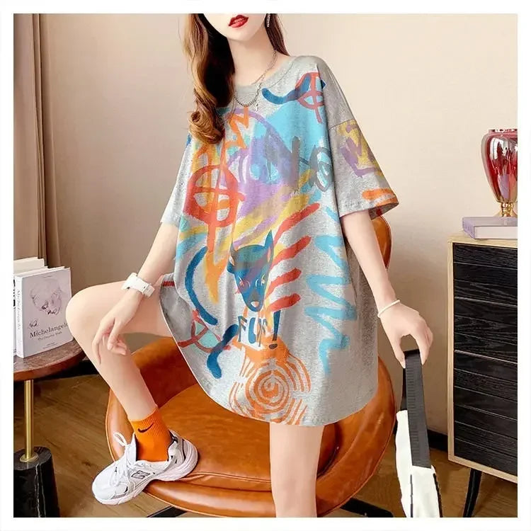 Sommer-T-Shirt 2025: Short-sleeved T-shirt Women's Pure Cotton Summer - New Loose Slim Round Neck Versatile Outside Printed Design Top Trendy Collection