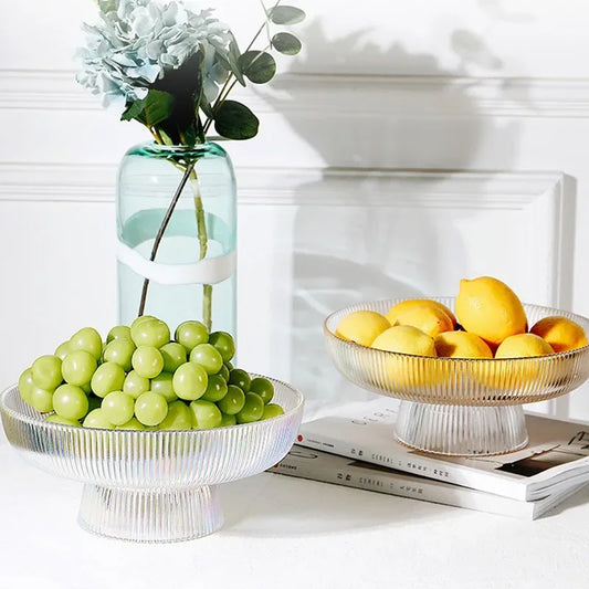 Glass Fruit Bowl with Feet Tall Striped Storage Tray Home Living Room Decoration Creative Dried Fruit Tray Snack Tray - Golden Bridge Store