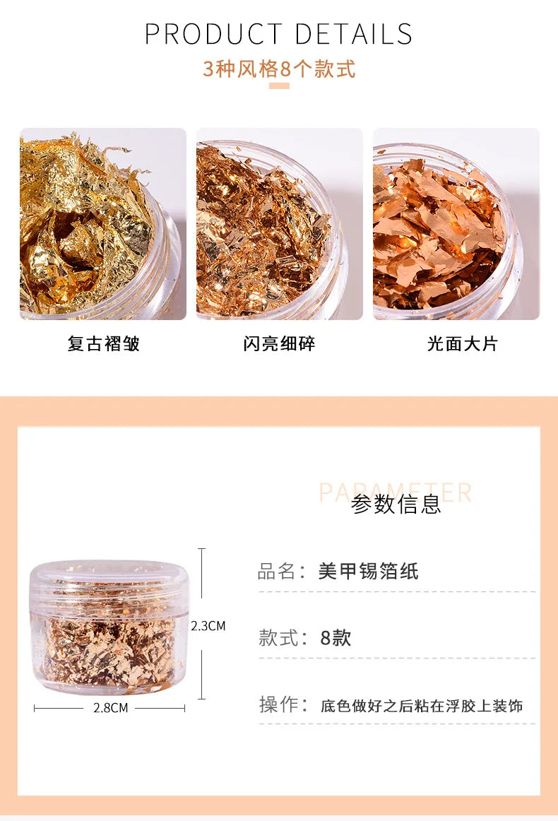 Fragmente de hârtie neregulată din folie de aur roz argintiu, unghii artă, paiete, autocolant, sclipici, manichiură DIY, gel UV, poloneză, instrumente de decorare a unghiilor