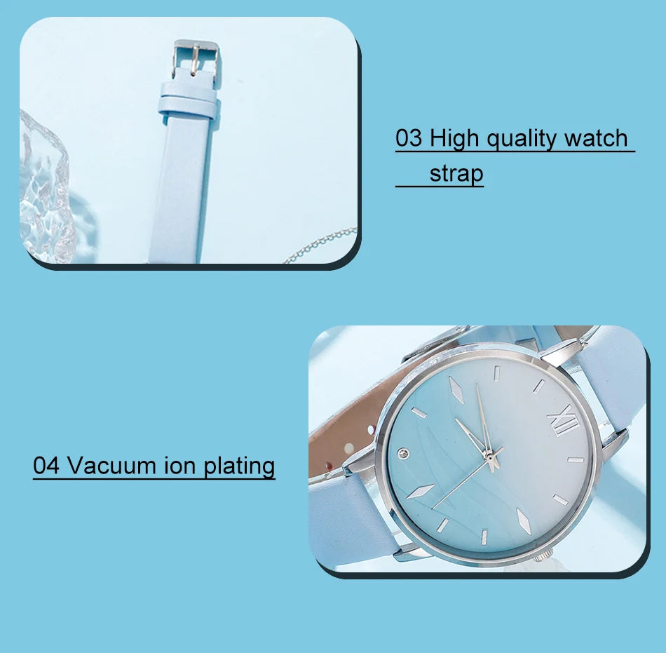 Moda 6er Set Quarz Uhr Damen - Blau Strass Leder 18mm