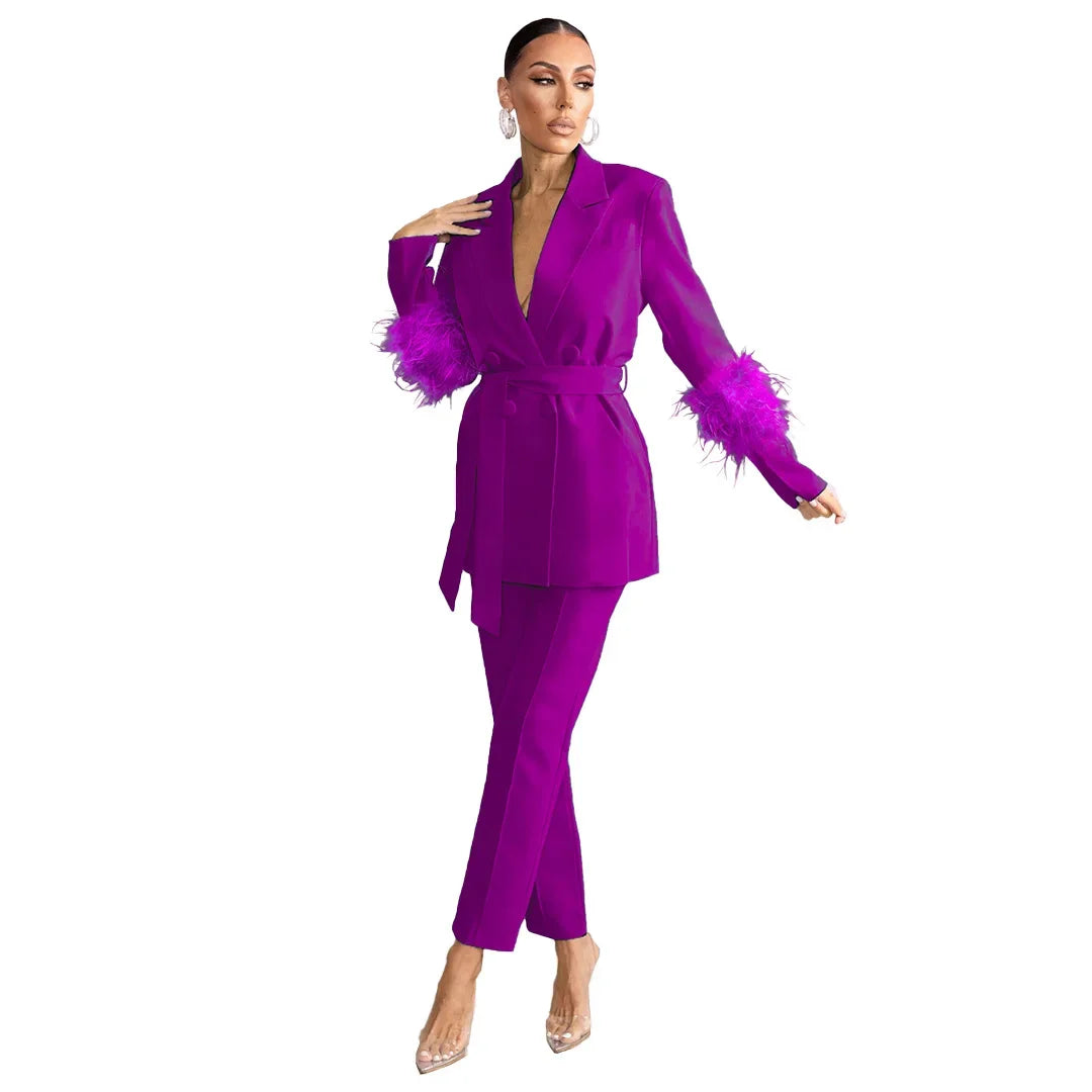 Femei elegante 2 piese set solid cristat guler blazer fermoar pantaloni lungi pene palton costum doamnelor toamna iarna birou ținute