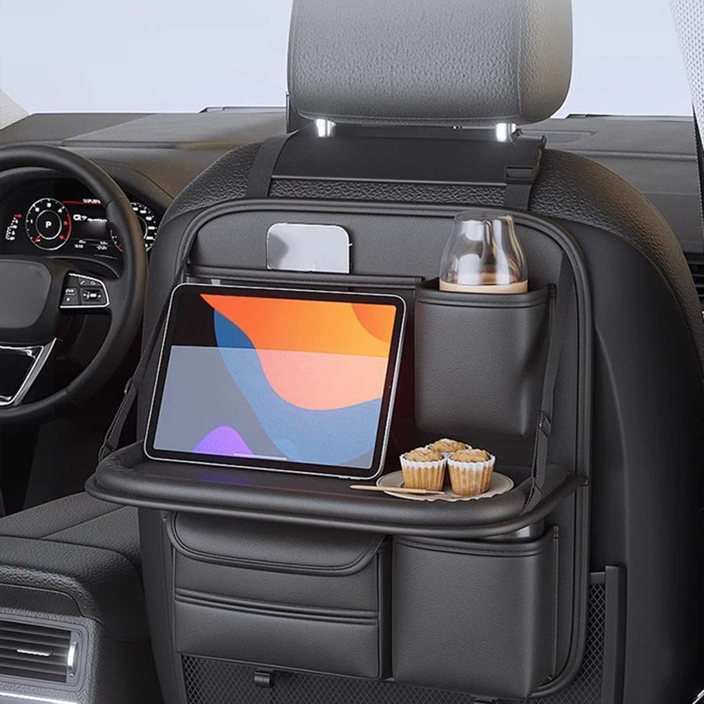 Car Seat Back Organizer PU Leather All in One Car Seat Back Storage Bag with Foldable Table Tray Tissue Holder Anti Kick Pad